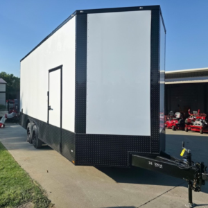 8.5×20 White V-Nose Enclosed Trailer with Blackout Pkg 9′ Interior (2) 10,000LB Axles