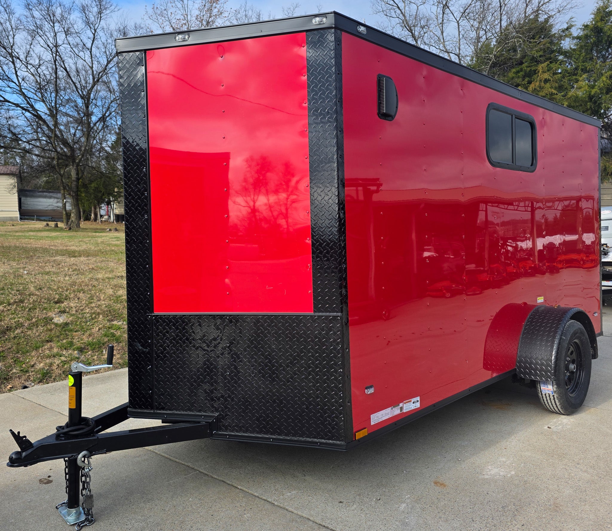 6×12 Enclosed Trailer Red V-Nose Blackout Package (1) 3,500lb Axle with Windows