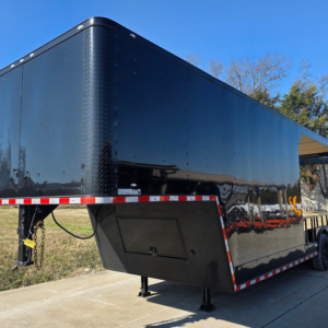 8.5′ X 32′ Gooseneck Hybrid Enclosed Trailer and 16′ Porch With Fold Out Gate