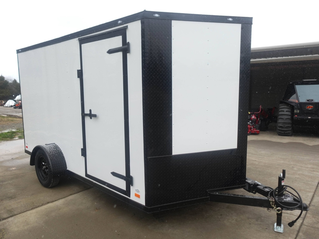 7×12 Enclosed Trailer White V-Nose Blackout Package 3,500lb Axle Storage