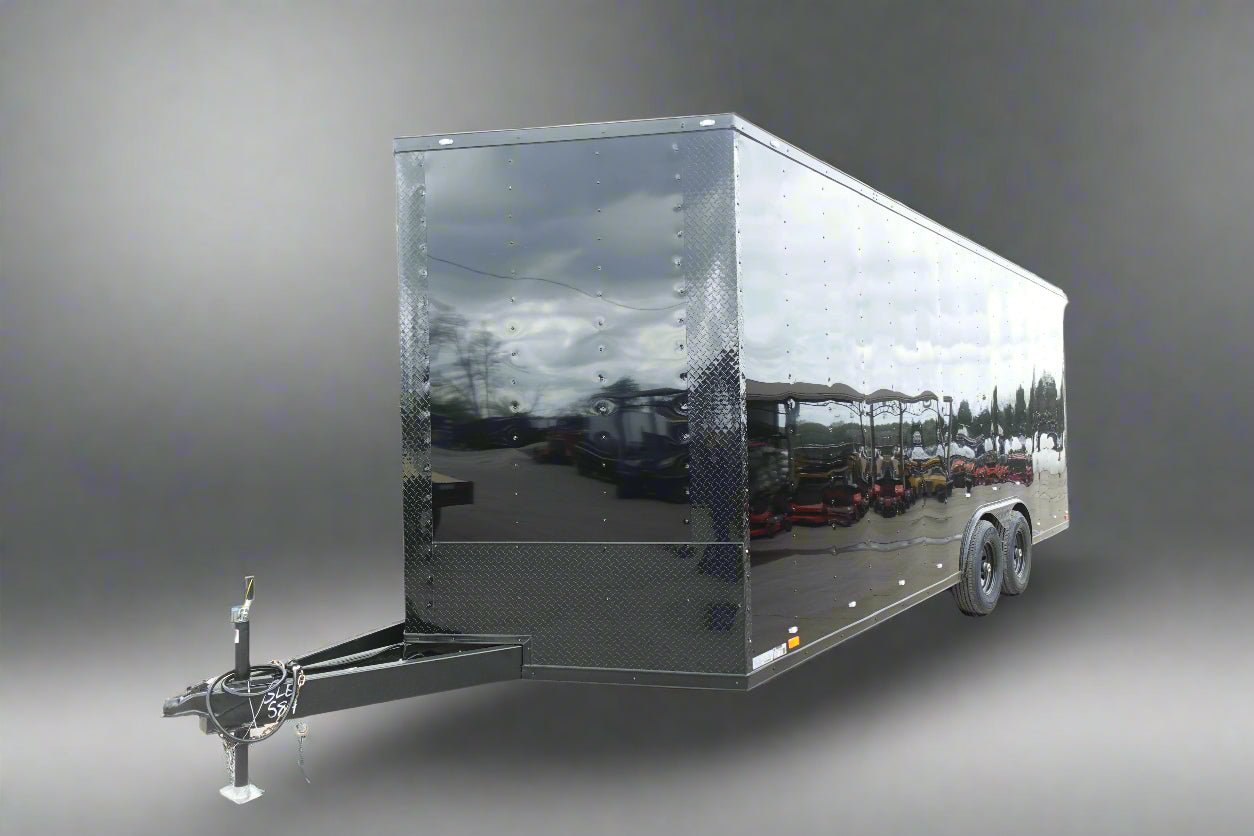 8.5×20 VNose Black with Black Out Trim Enclosed Trailer (2) 5200lb Axles With Brakes 7’6 Interior Height E-Track