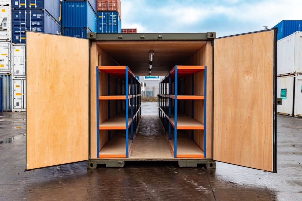 40ft Tunnel Container – Fully Shelved Mobile Workshop