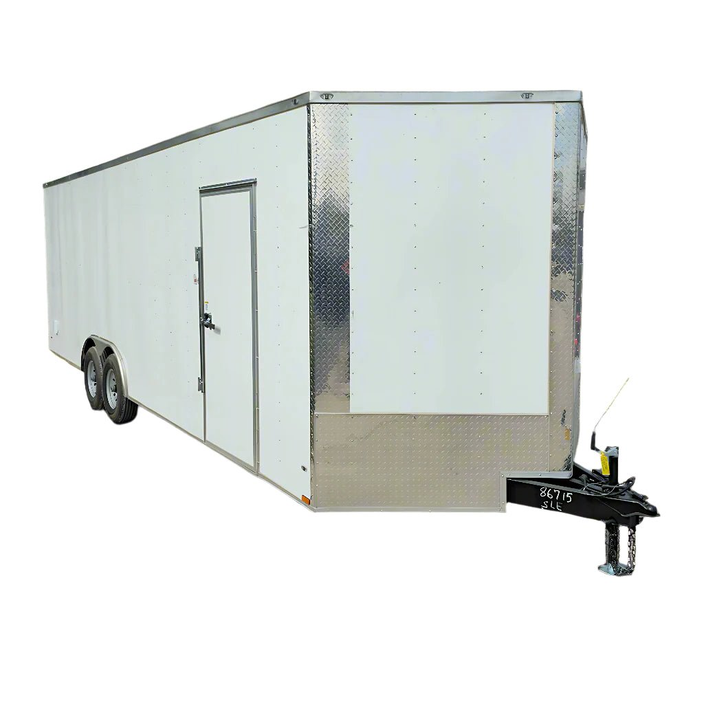 8.5×26 V-Nose White Enclosed Trailer (2) 7K Axles 50 AMP Electrical Package & Cabinets