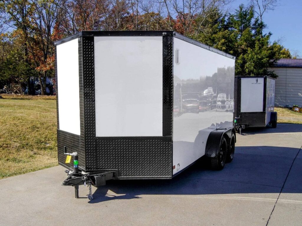 7×14 Enclosed Trailer White V-Nose Blackout Package (2) 3,500lb Axles