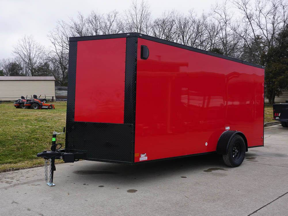 7×12 Enclosed Trailer Red V-Nose Blackout Package 3,500lb Axle Storage