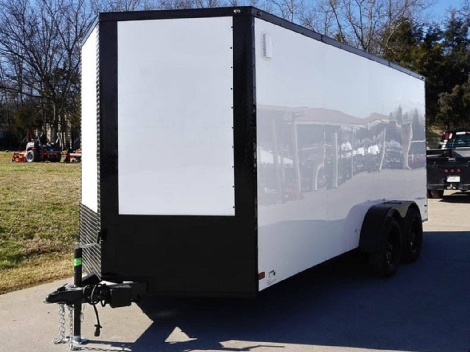 7×16 Enclosed Trailer White V-Nose Blackout Package Tandem Axle Storage
