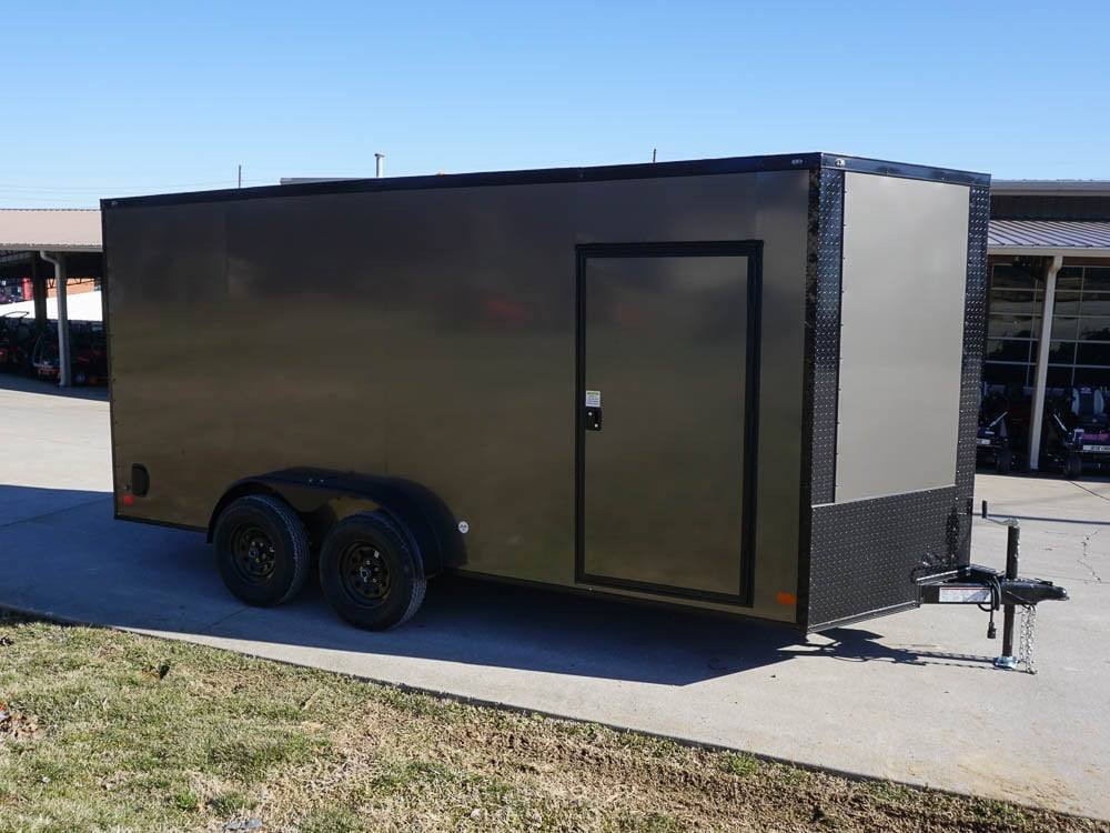 7×16 Enclosed Trailer Charcoal V-Nose Blackout Package Tandem Axle Storage
