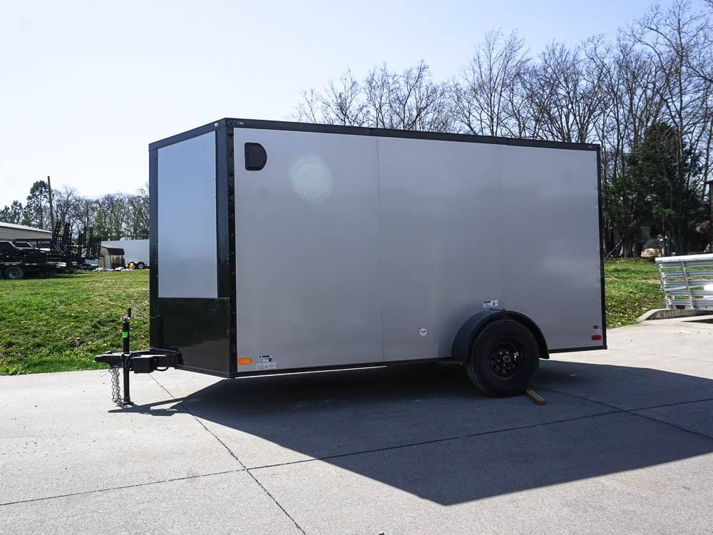 7×12 Enclosed Trailer Silver V-Nose Blackout Package 3,500lb Axle Storage