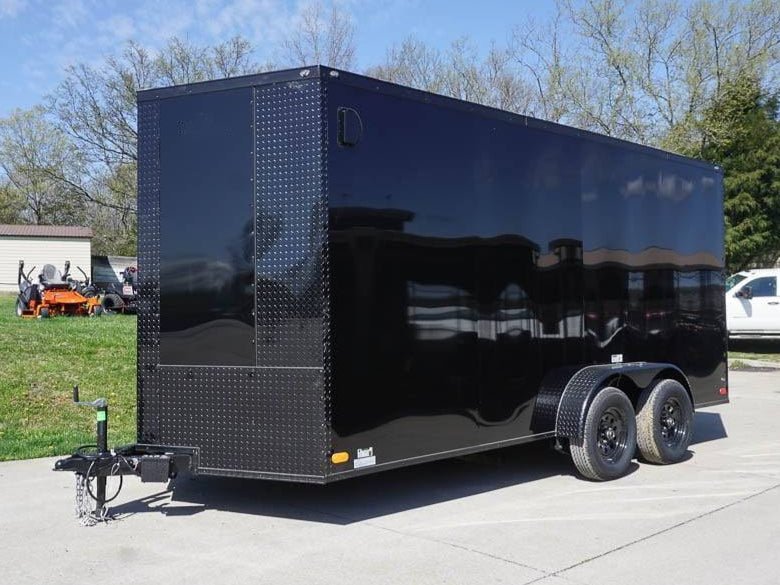 7×16 Enclosed Trailer Black V-Nose Blackout Pkg Tandem Axle Storage