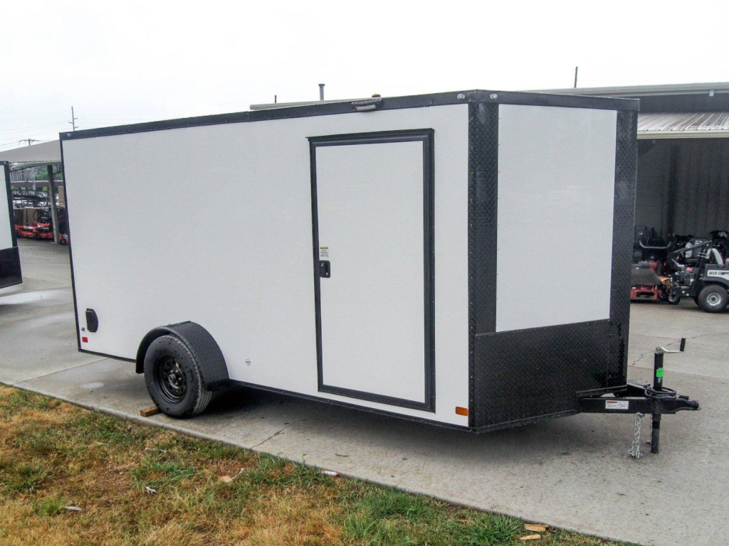 7×14 Enclosed Trailer White V-Nose Blackout Package 3,500lb Axle Storage